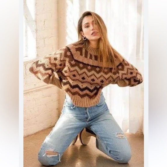 ZARA Fair Isle Tan/Brown Neutrals Carson Geometric Wool Blend Sweater Medium - Picture 3 of 8